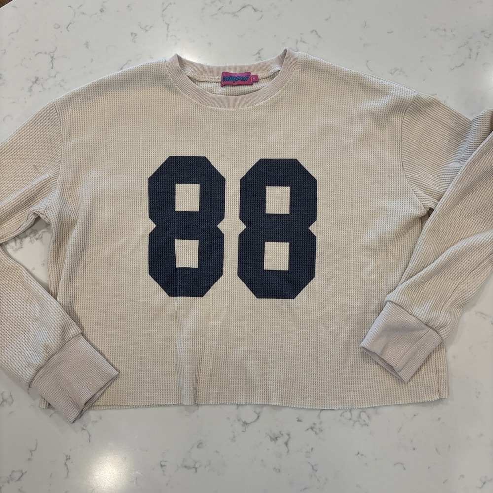 edikted Crop Top Long Sleeve Waffle Knit "88" SZ SM Athletic Sporty Retro